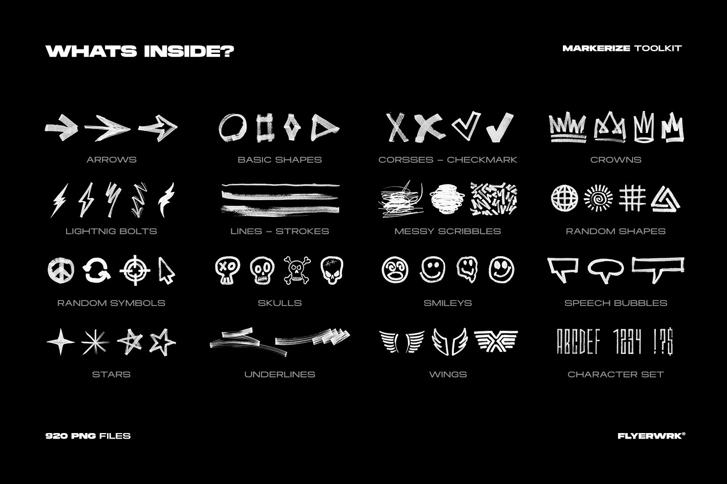 Markerize product content overview listing arrows skulls stars and speech bubbles among nine hundred twenty PNG files