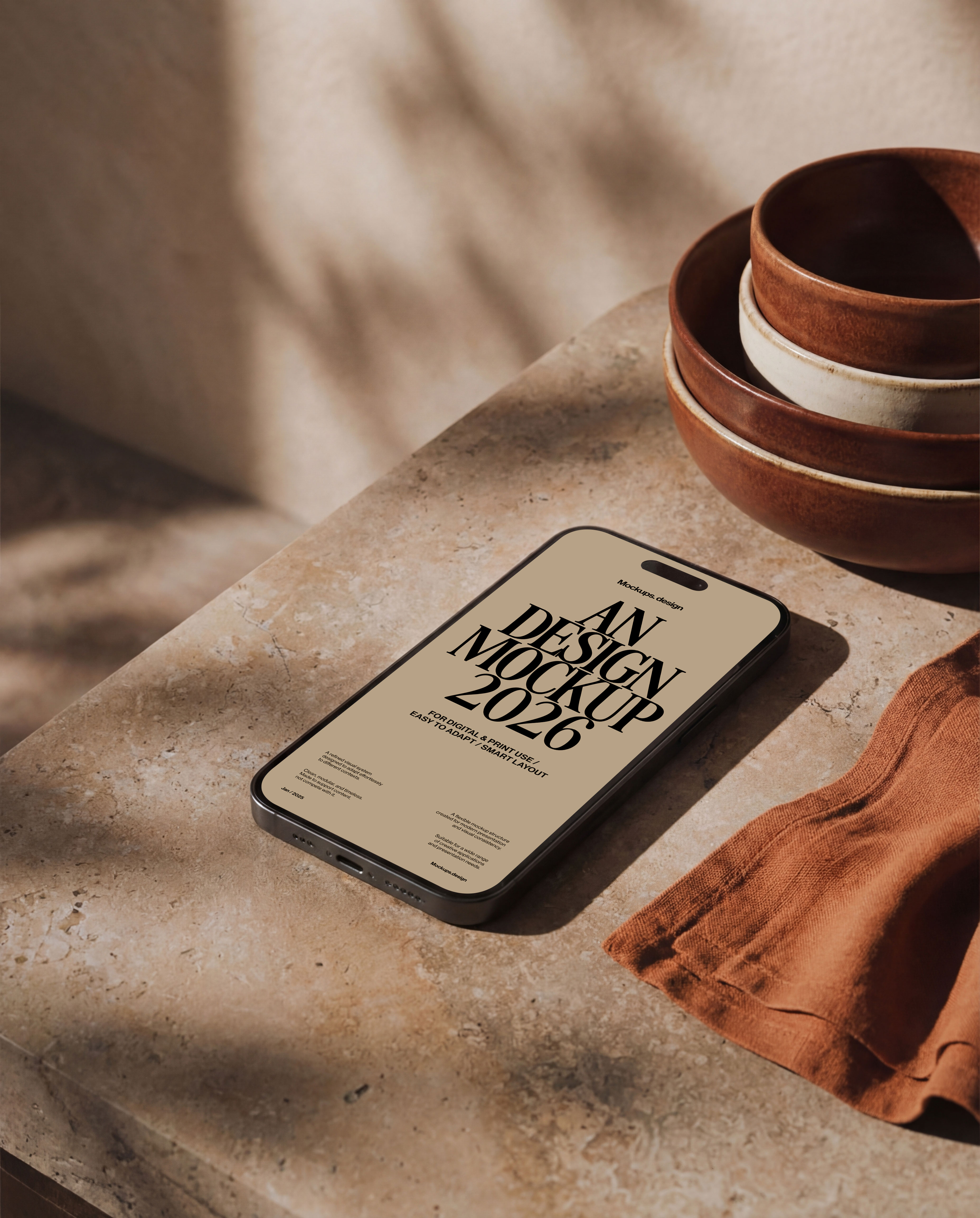 iPhone 16 mockup on table, casual home or office scene