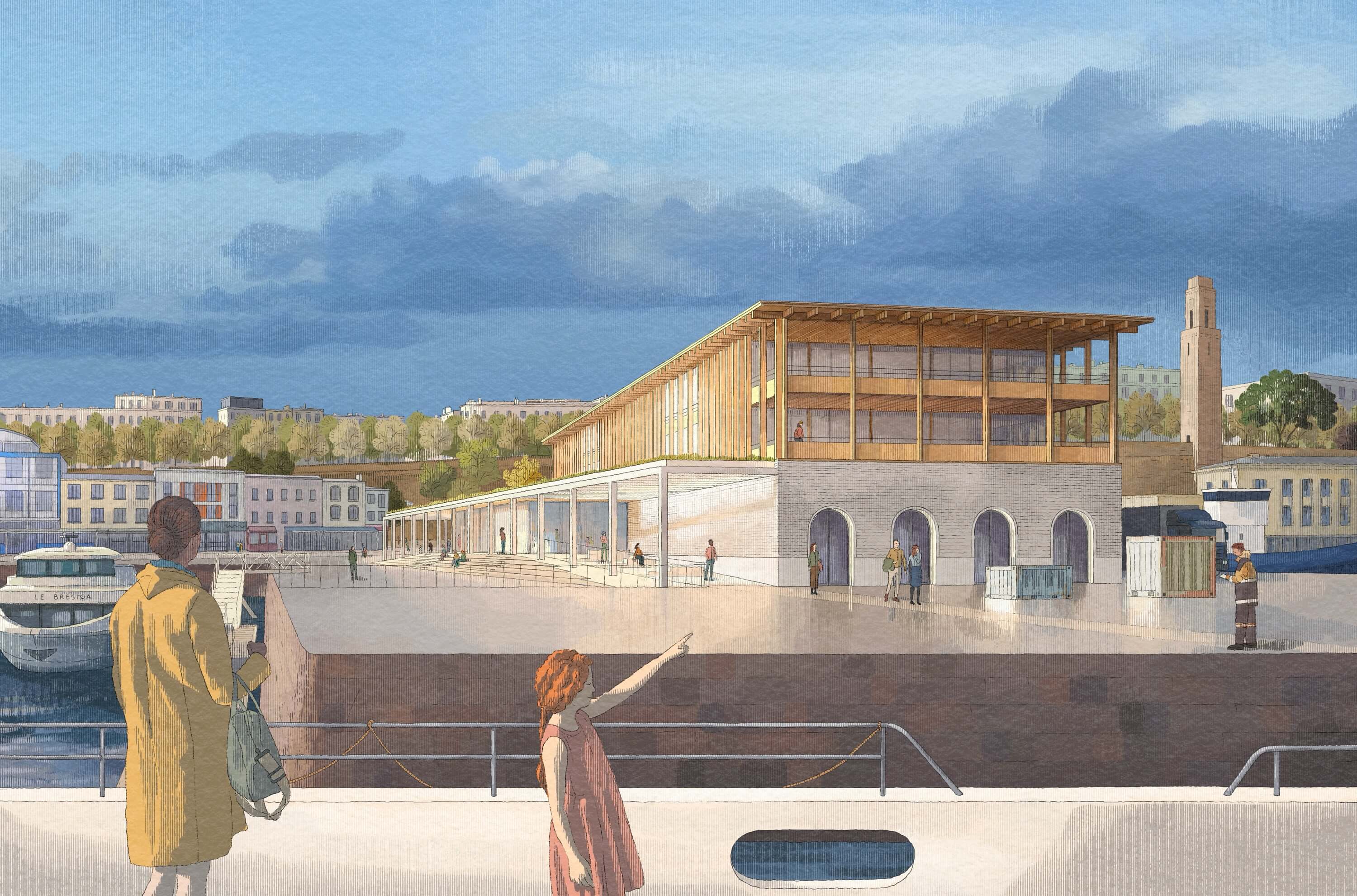 A scenic waterfront view featuring a modern building, boats, and a vibrant sky during twilight.