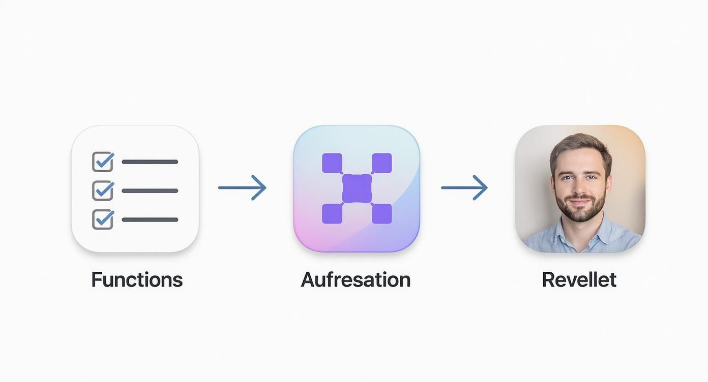 Infografik, die den dreistufigen Prozess der App-Auswahl für ein Bewerbungsfoto visualisiert: Funktionen prüfen, Auflösung sicherstellen und das Ergebnis bewerten.
