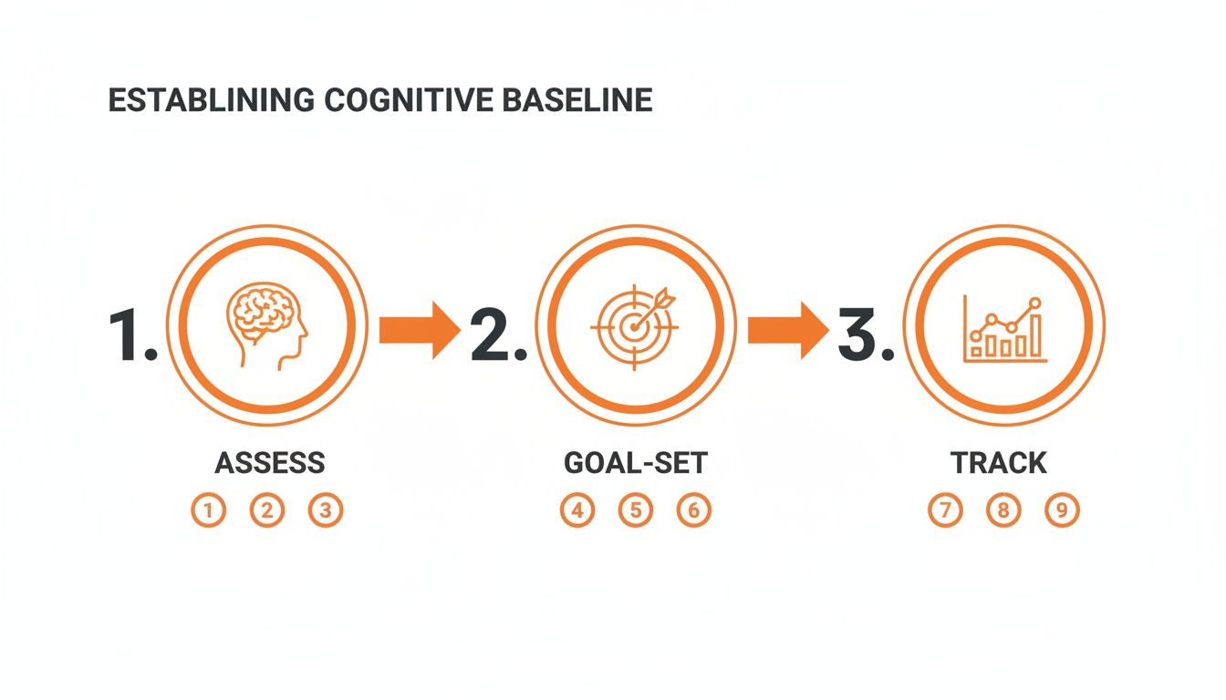 Three-step process diagram for establishing cognitive baseline: assess, goal-set, and track progress.