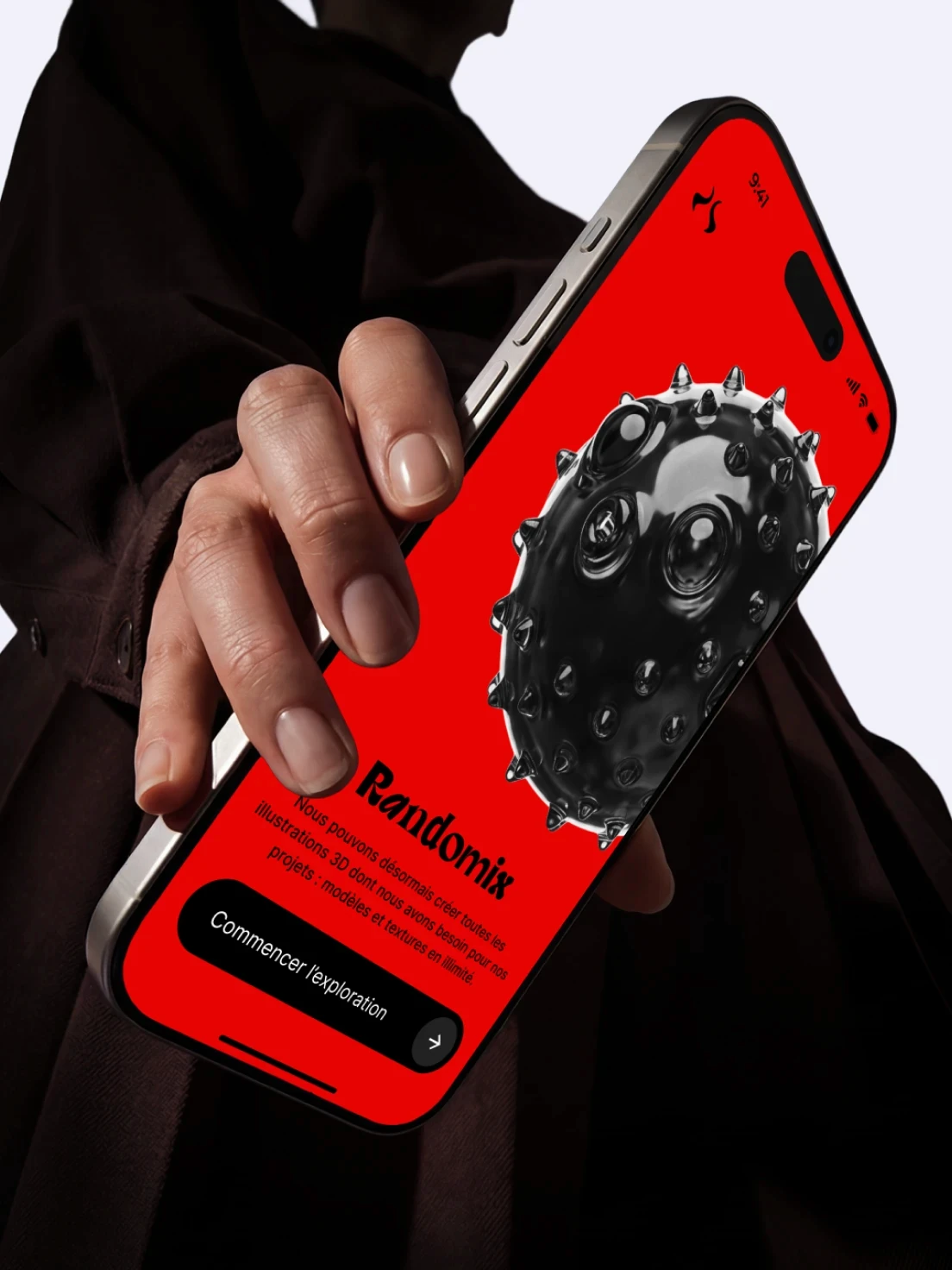 Interface mobile Randomix présentant une illustration 3D sur fond rouge