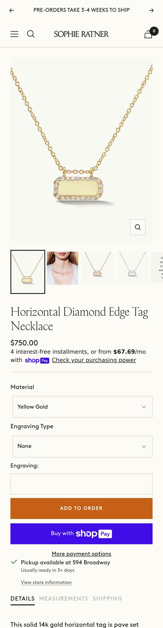 Jewelry product options include: necklace, chain for Horizontal Diamond Edge Tag Necklace from Sophie Ratner Jewelry.