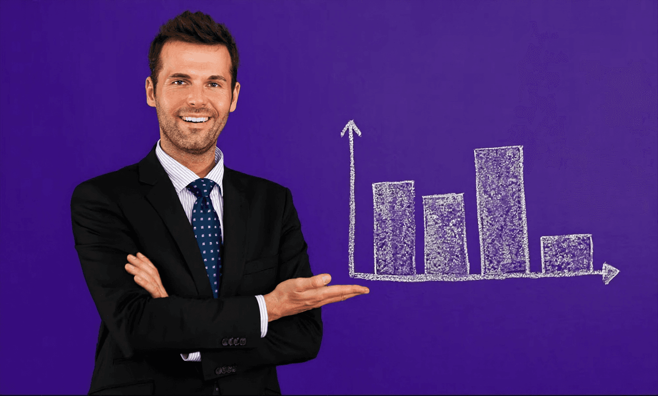 Man in suit interviews woman holding clipboard.