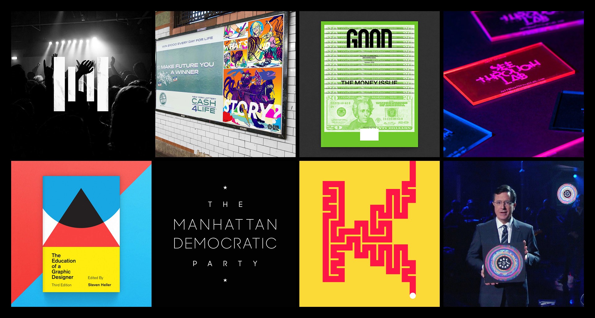 A set of colorful images representing text logos, magazine covers, and other generated objects.