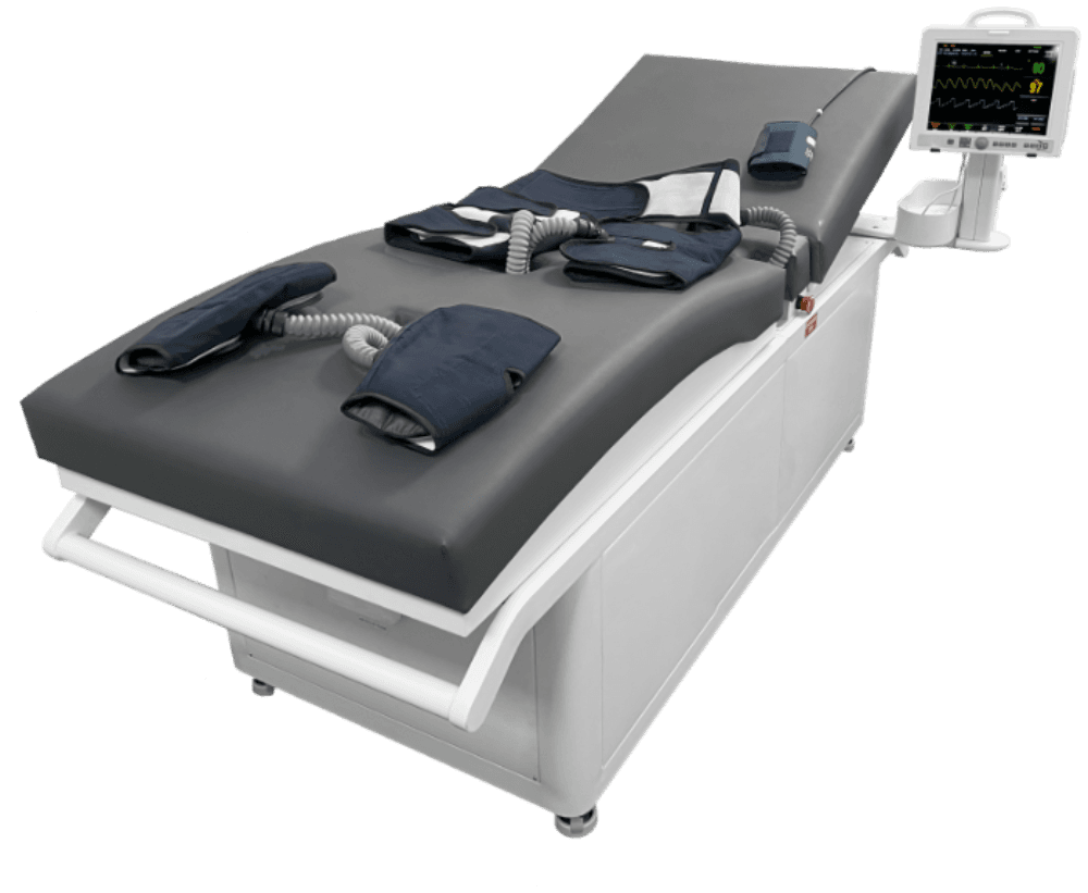 An advanced EECP machine featuring inflatable cuffs for the legs and arms, connected to a computerized system with a monitor displaying heart rate and blood flow readings. This state-of-the-art equipment is used for non-invasive Enhanced External Counterpulsation therapy to improve blood circulation and heart health.