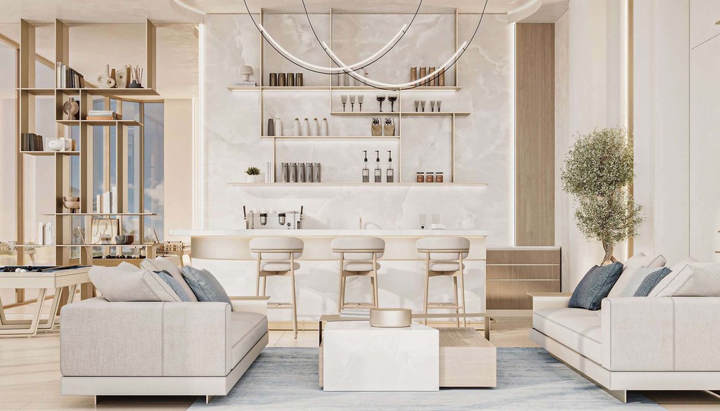 A modern living room featuring white furniture complemented by elegant gold accents, showcasing a stylish and contemporary design.