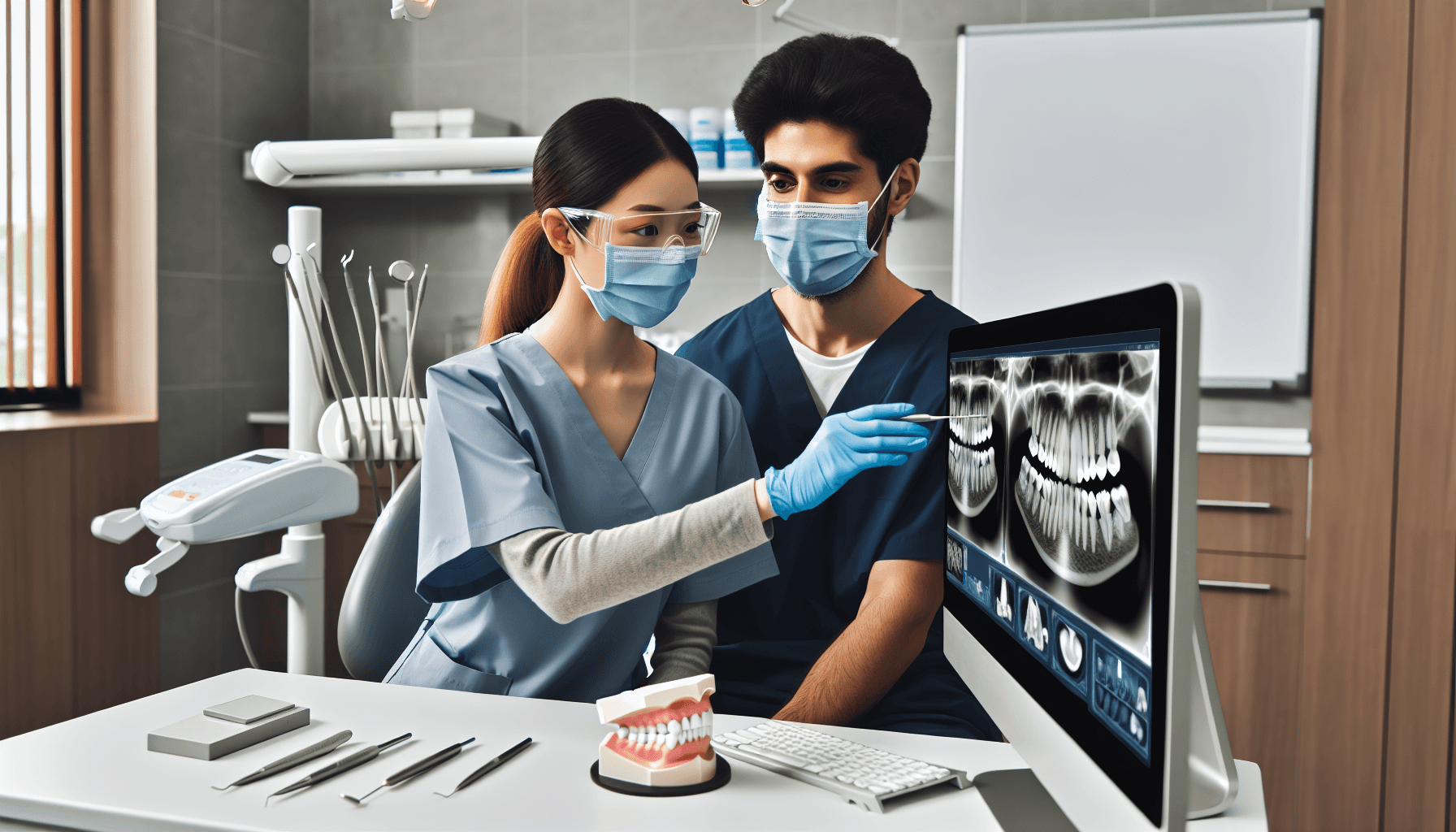 Dentist looking at xray.