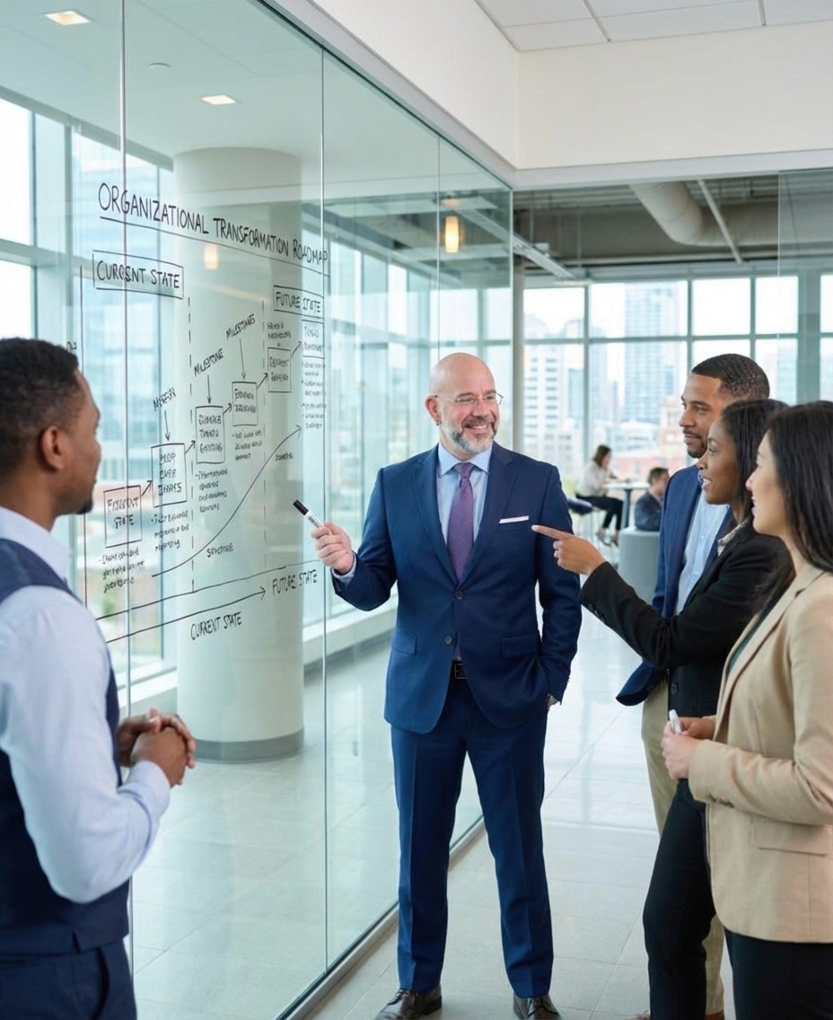 Mark Hennick standing with a small group of individuals discussing organizational change and developement plans