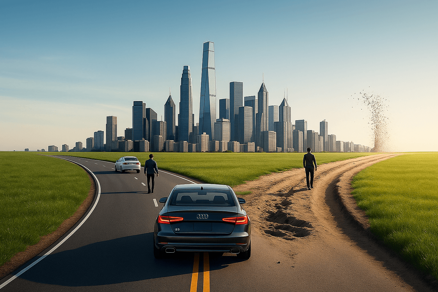 A symbolic scene showing two roads leading to a city skyline—one smooth and paved, the other rough and dirt-covered. Two cars and pedestrians face a choice between the two paths, representing investment decisions and risk.