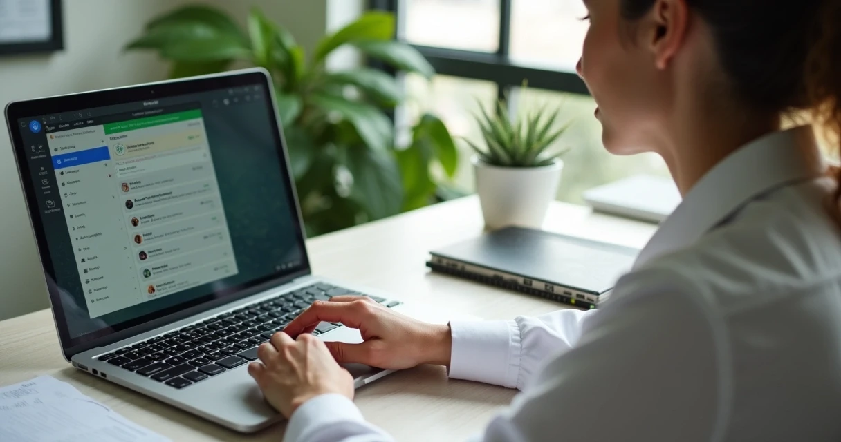 Nutricionista usando notebook e WhatsApp em ambiente de consultório 