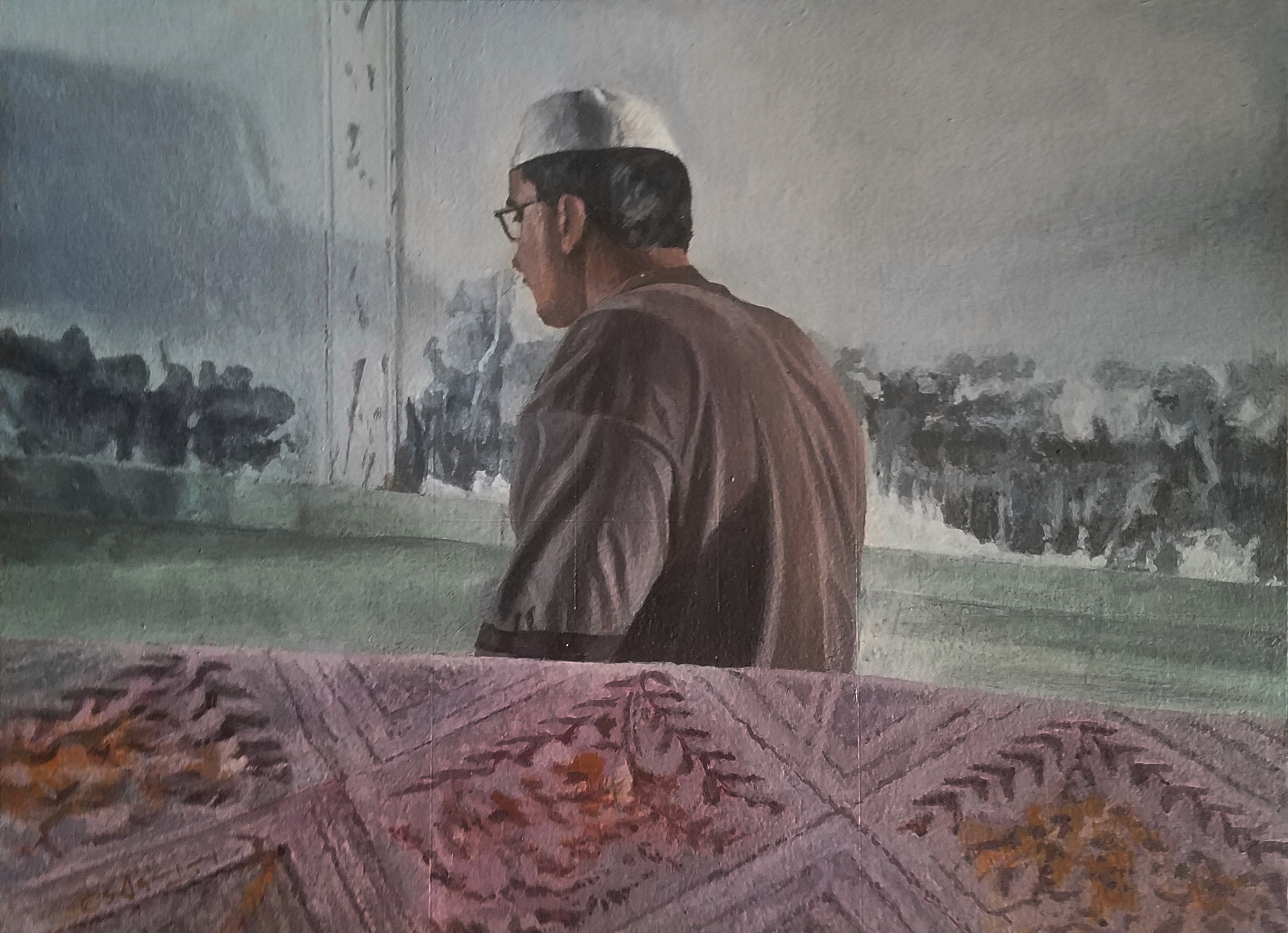 herd of sheep on road painting