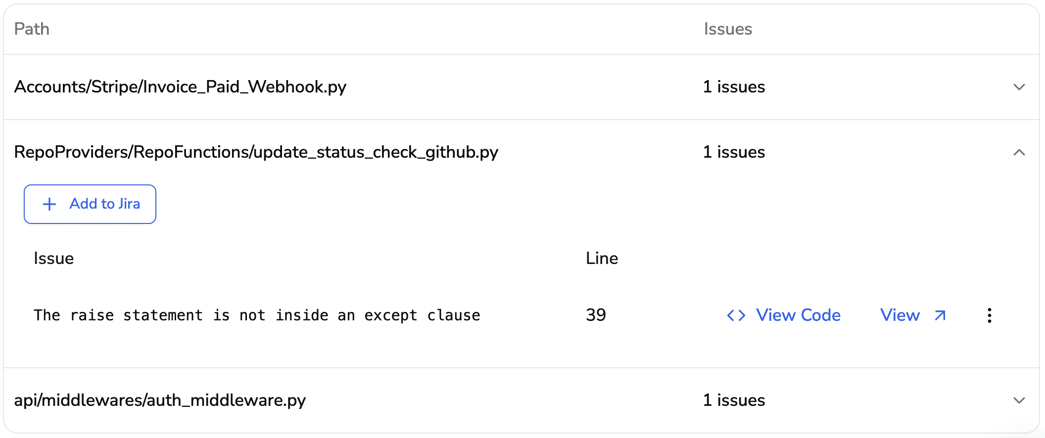 File-level code issue view showing affected file paths, line numbers, and options to view code or create Jira tickets.