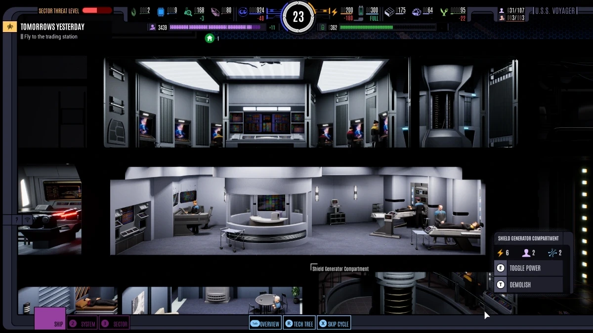 A futuristic spaceship interior featuring a top-level control room with multiple monitors and workstations, and a lower-level laboratory with advanced equipment and medical beds, all designed with sleek, metallic elements.