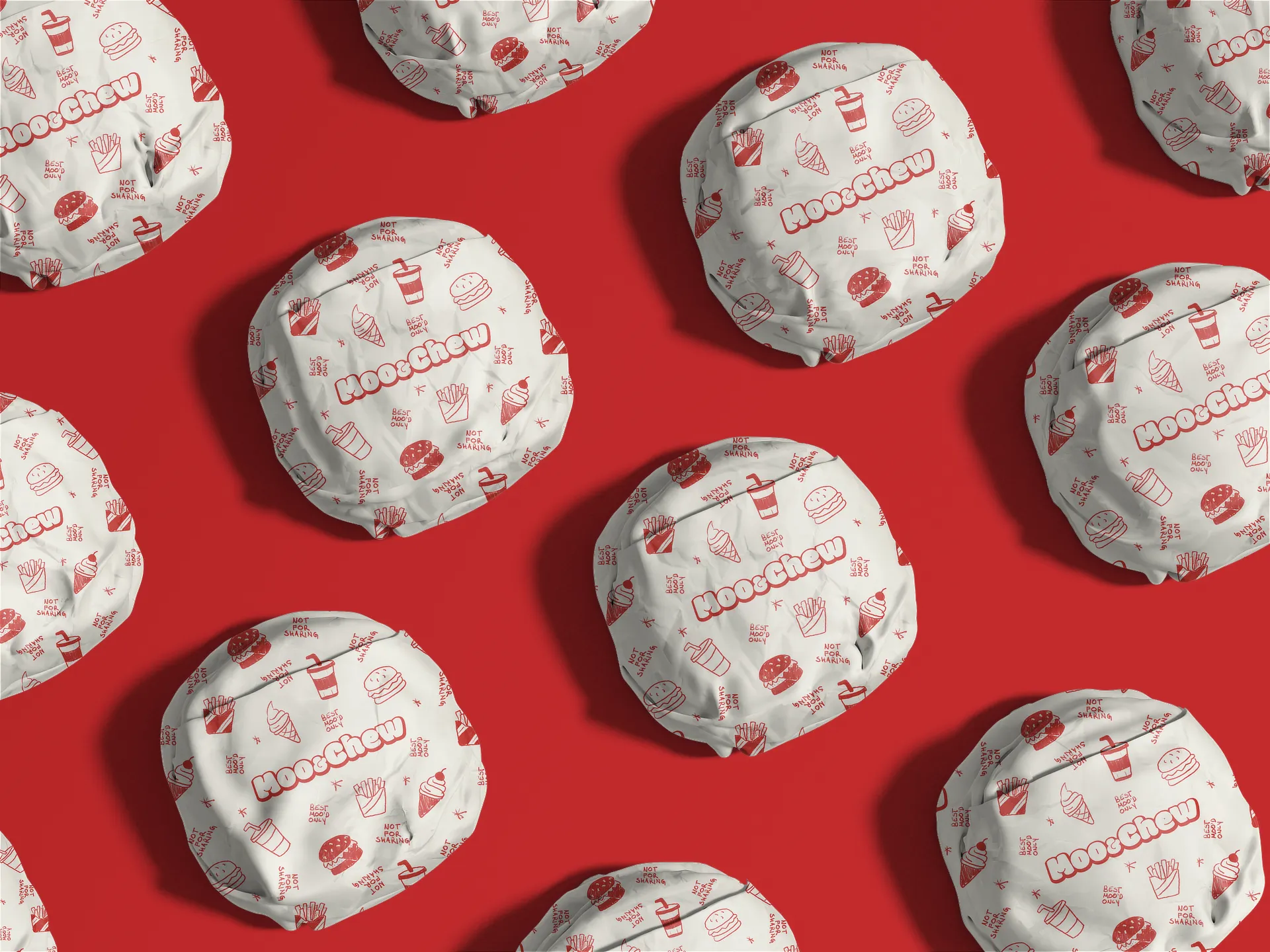 Mockup of burgers neatly arranged in a grid, wrapped in branded, custom hand-drawn pattern and logo by Studio Liminal.