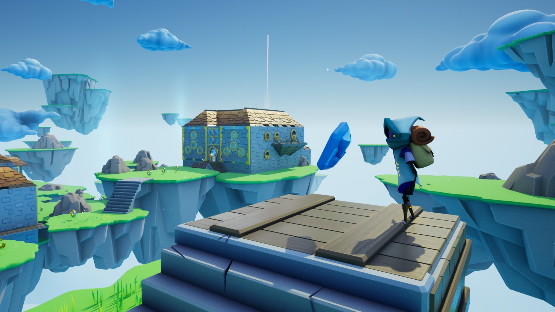 A stylized 3D game scene with a character on floating islands facing a building across a gap.