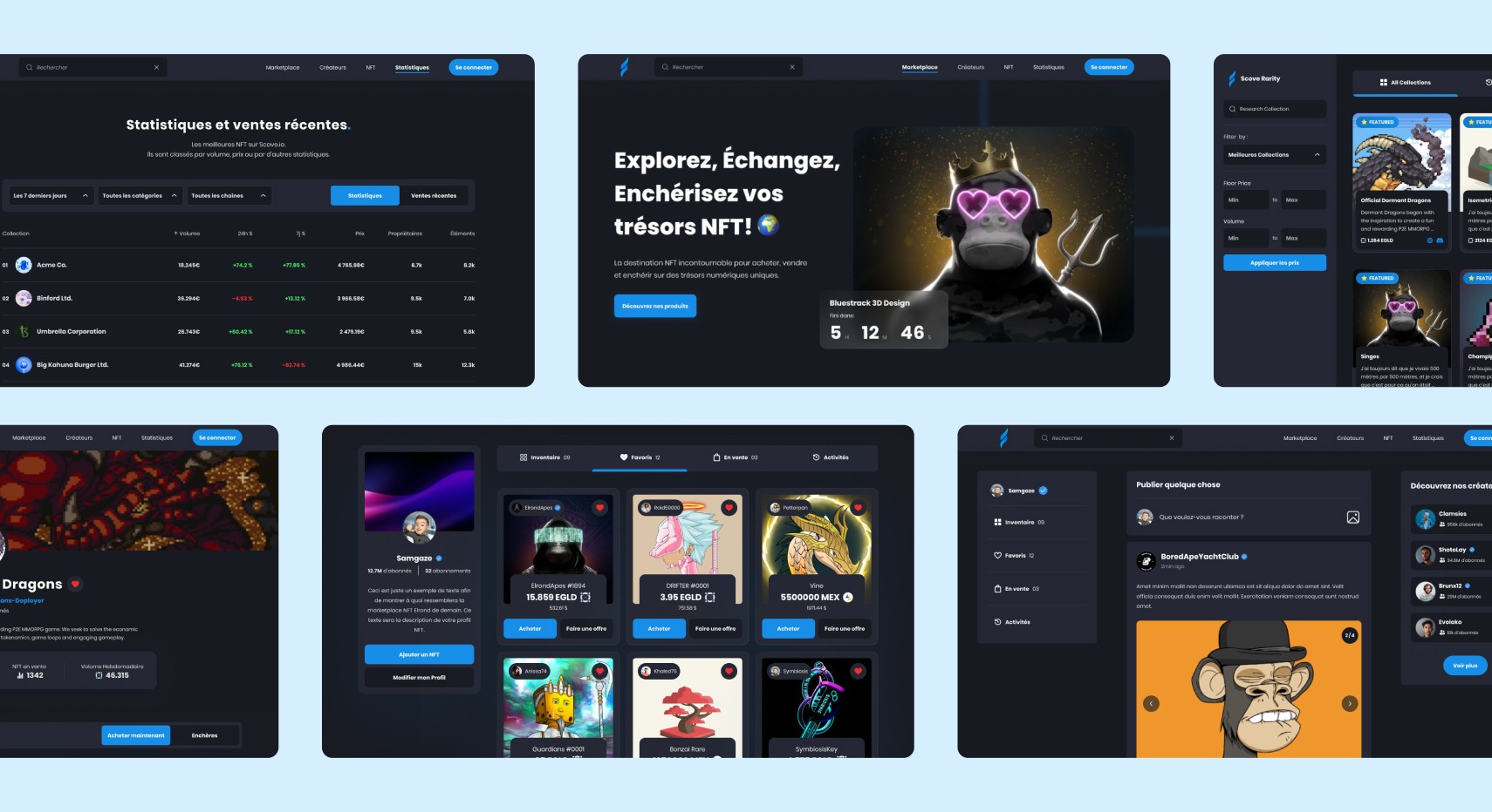 Images montrant plusieurs écrans du site internet Scove.io