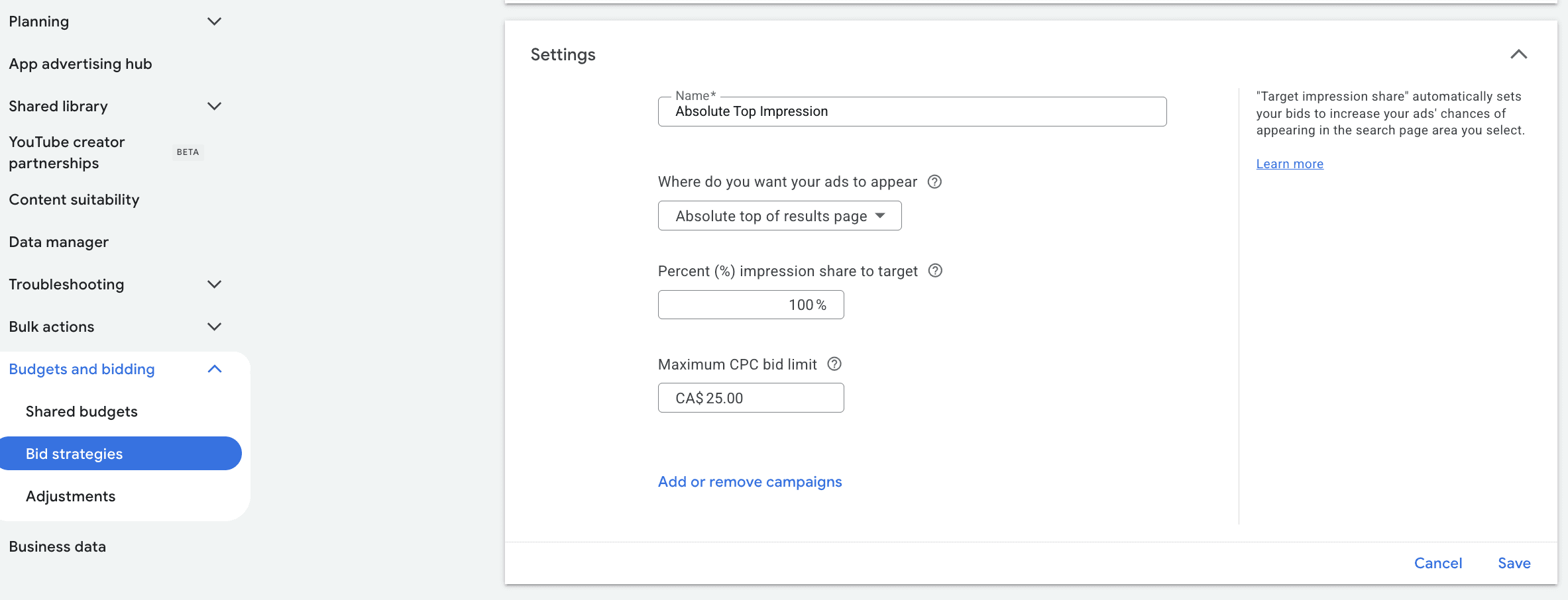 Custom Bid strategy: Absolute Top Impression