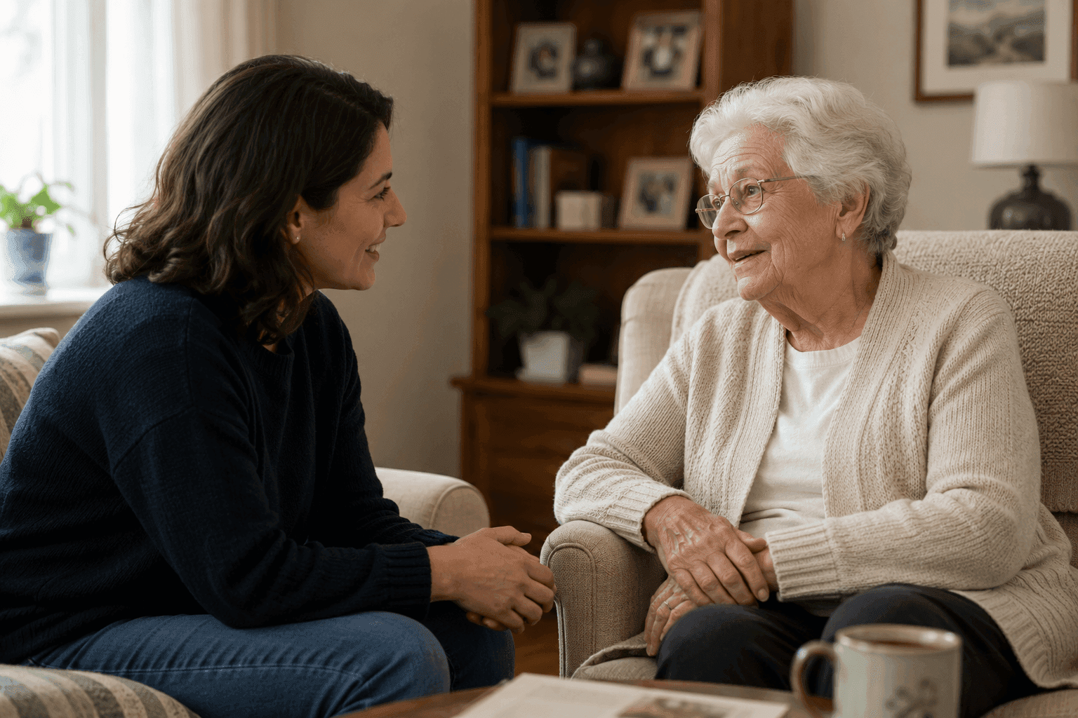 Adult child having a thoughtful conversation about care with an elderly parent