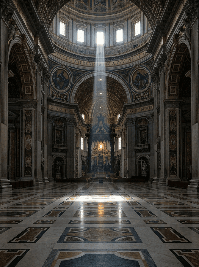 интерьер собора в Риме с лучами света и мраморным полом