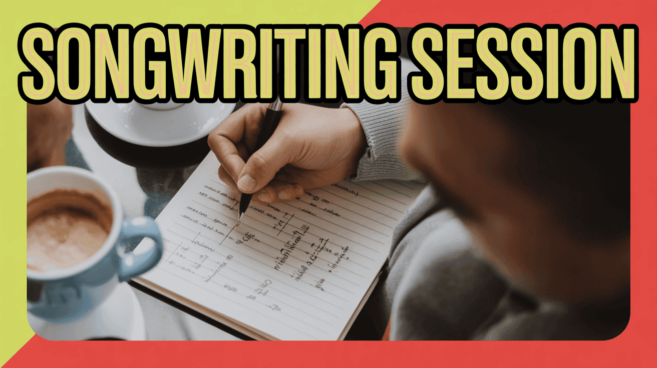Songwriting Session Notes Thumbnail, featuring a songwriter writing in a notebook with highlighted lyric lines, chord charts, and coffee cup ambiance