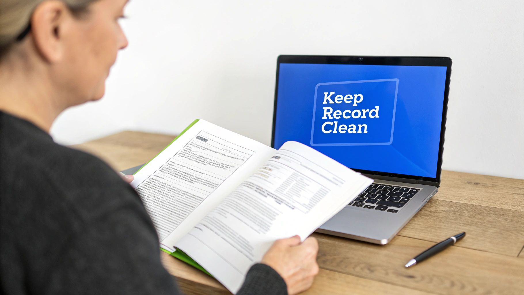 A woman reads a document at a desk with a laptop displaying 