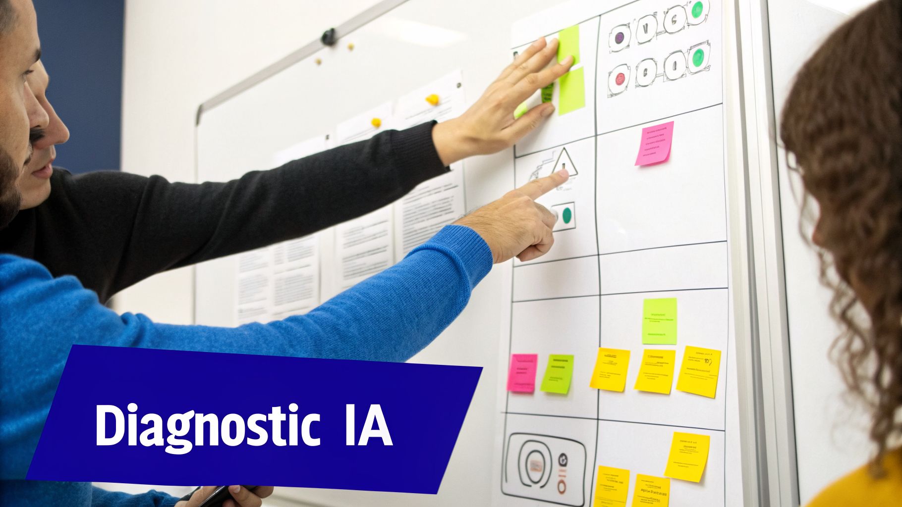 Deux personnes interagissent avec un tableau blanc couvert de post-it et de schémas, discutant d'une stratégie IA.