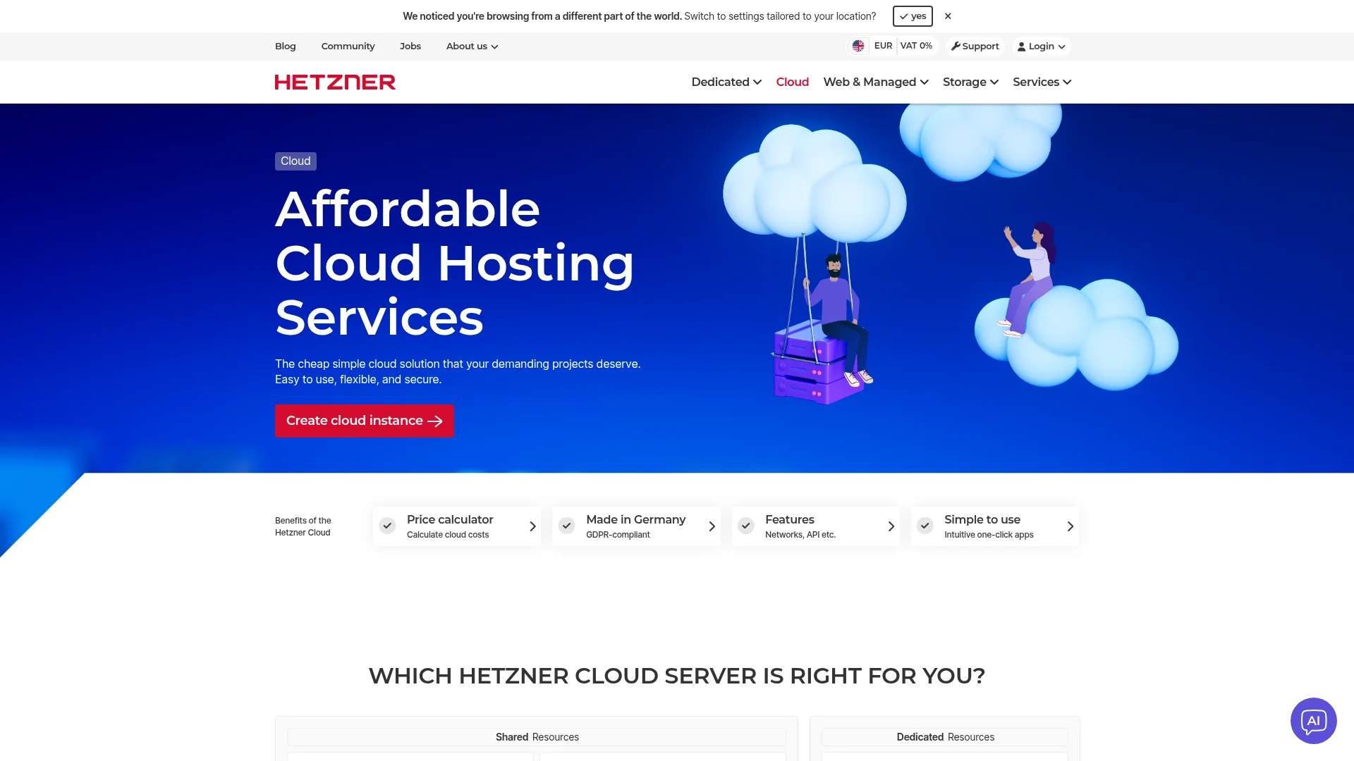 Screenshot of the Hetzner Cloud website showing shared and dedicated vCPU server pricing tiers