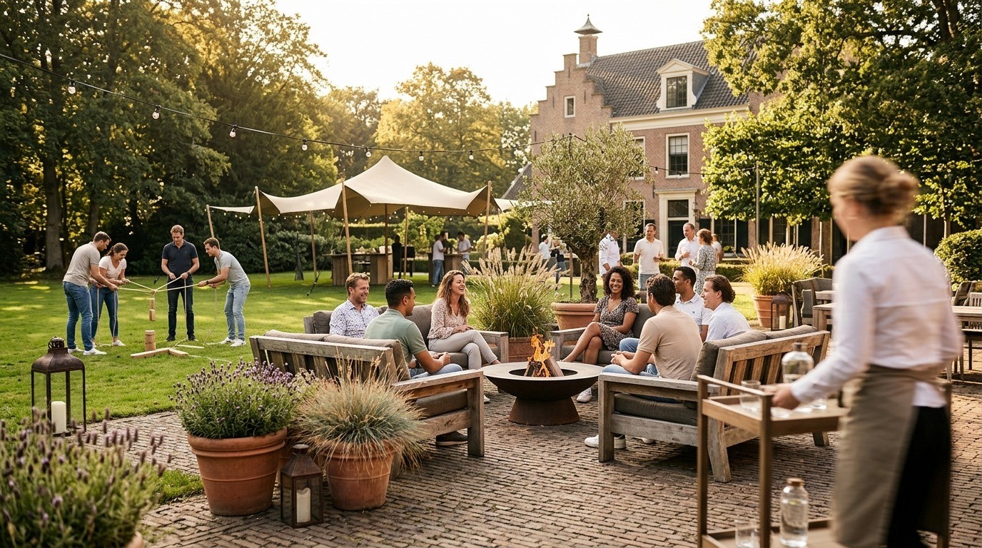 Collega’s tijdens bedrijfsuitje in ontspannen setting