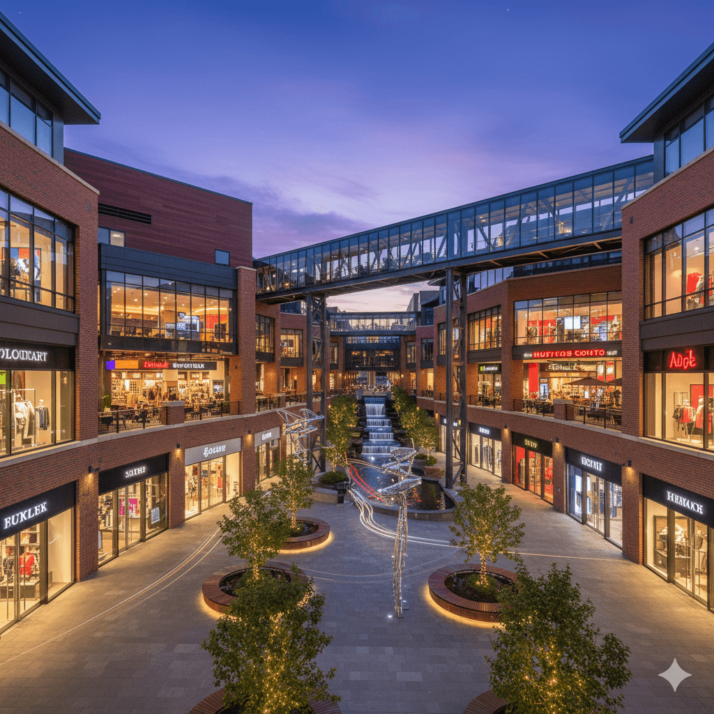 Multi-level outdoor shopping complex with shops and central plaza, M3M 59 High Street