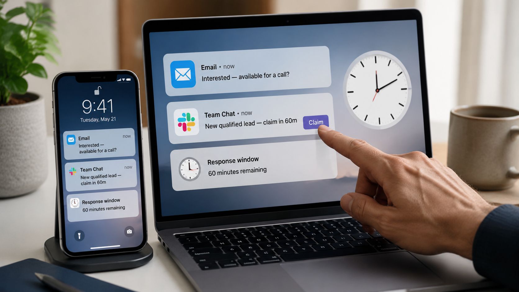 A person clicking a claim button on a laptop screen showing lead notifications beside a smartphone.