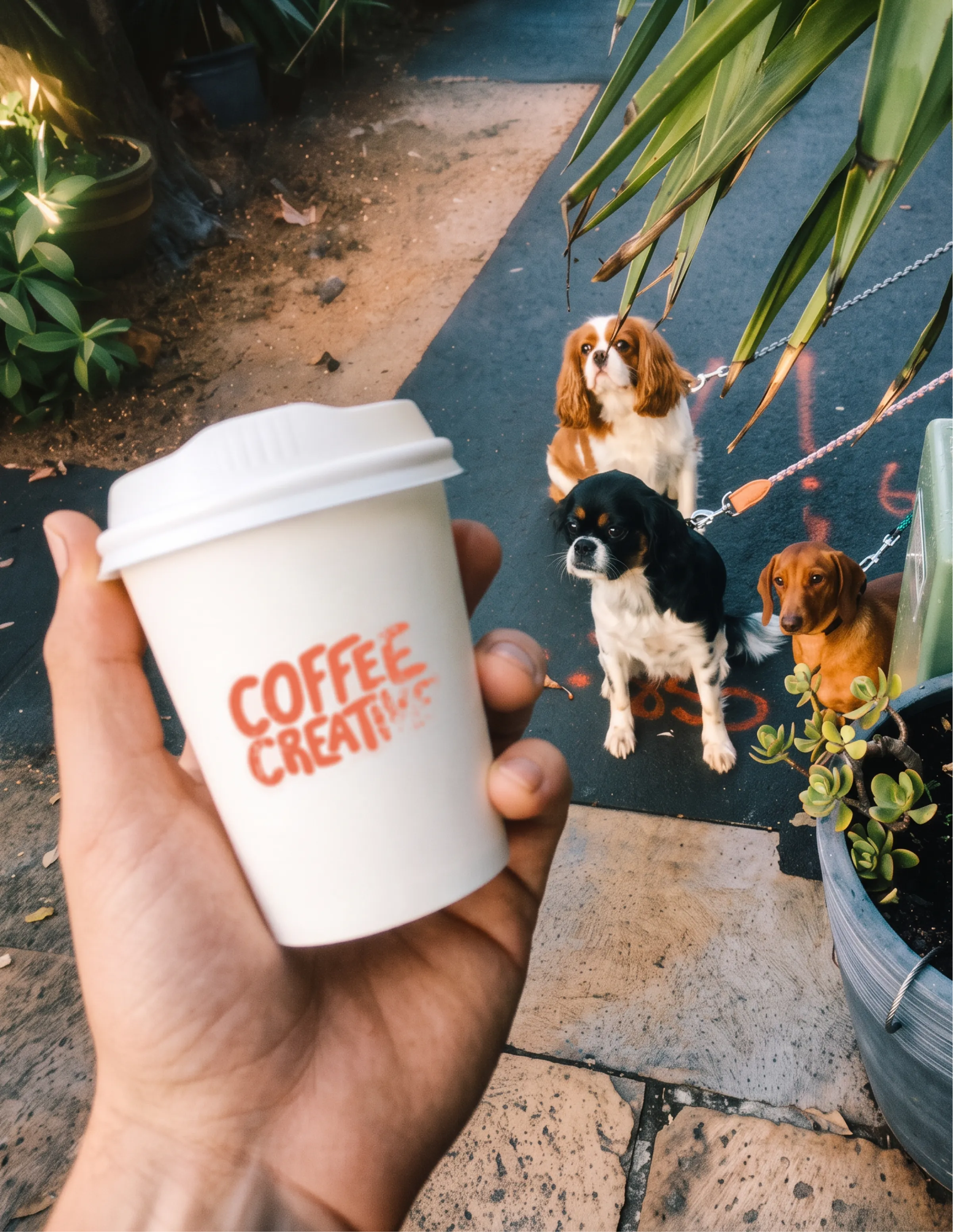 A Coffee Creative takeaway cup held up in front of three dogs on leashes