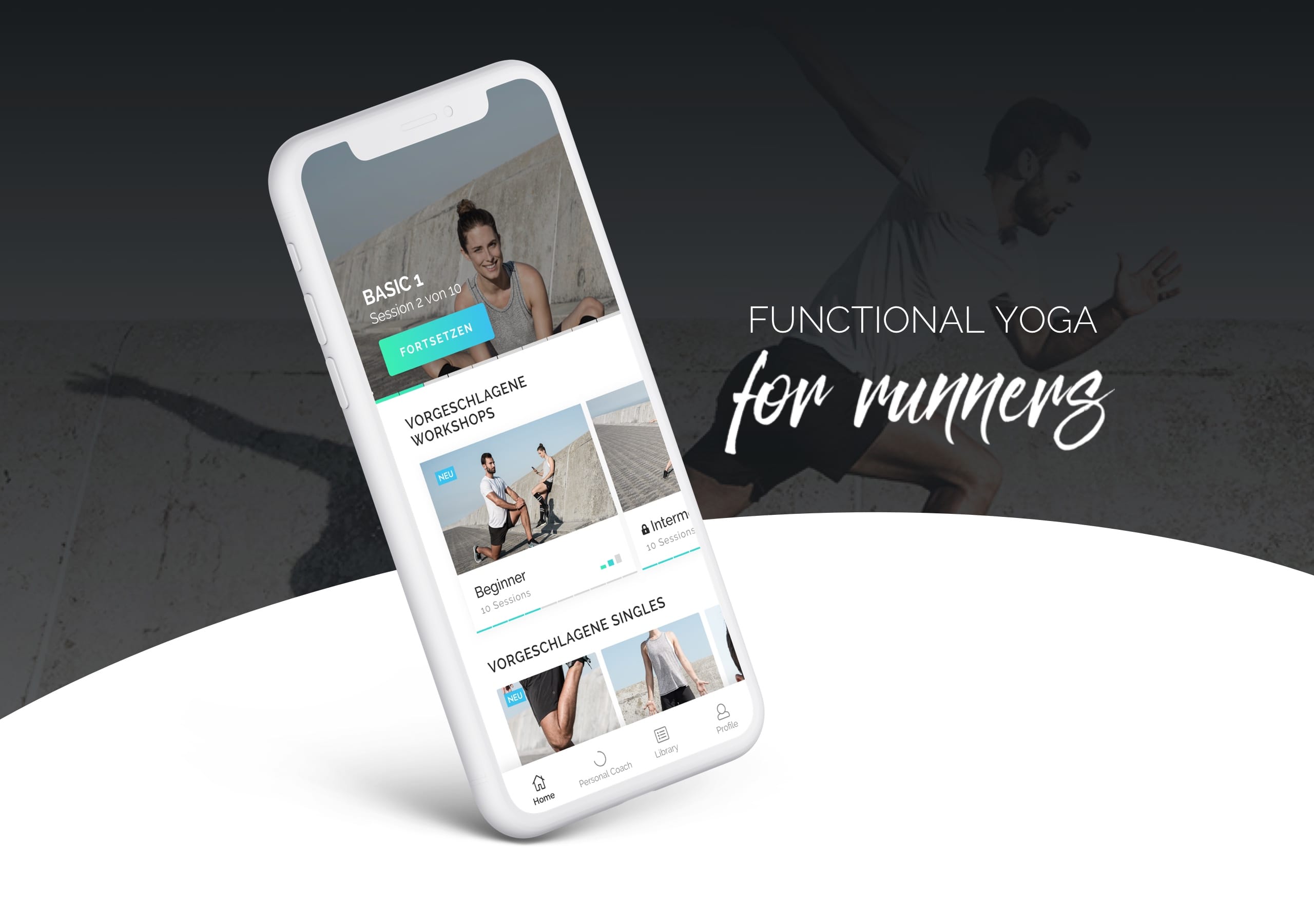 Darstellung der Sessions App in einem Smartphone vor einem Hintergrund mit dem Text: Funtional Yoga for runners.