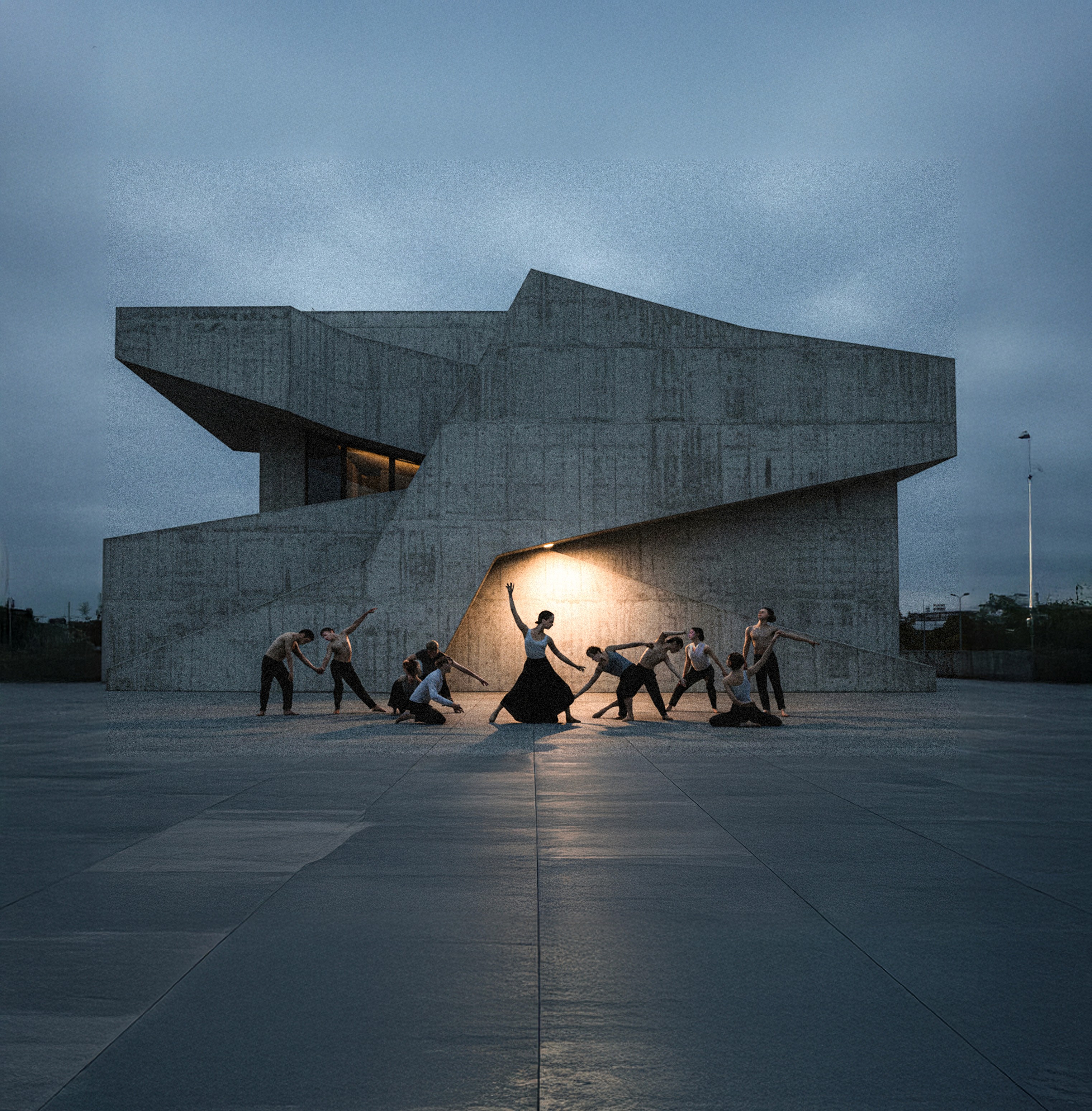 Wide shot of a modern, angular concrete building under a moody sky. A group of dancers performs in front of an illuminated entryway, creating a contrast between rigid architecture and fluid human movement.