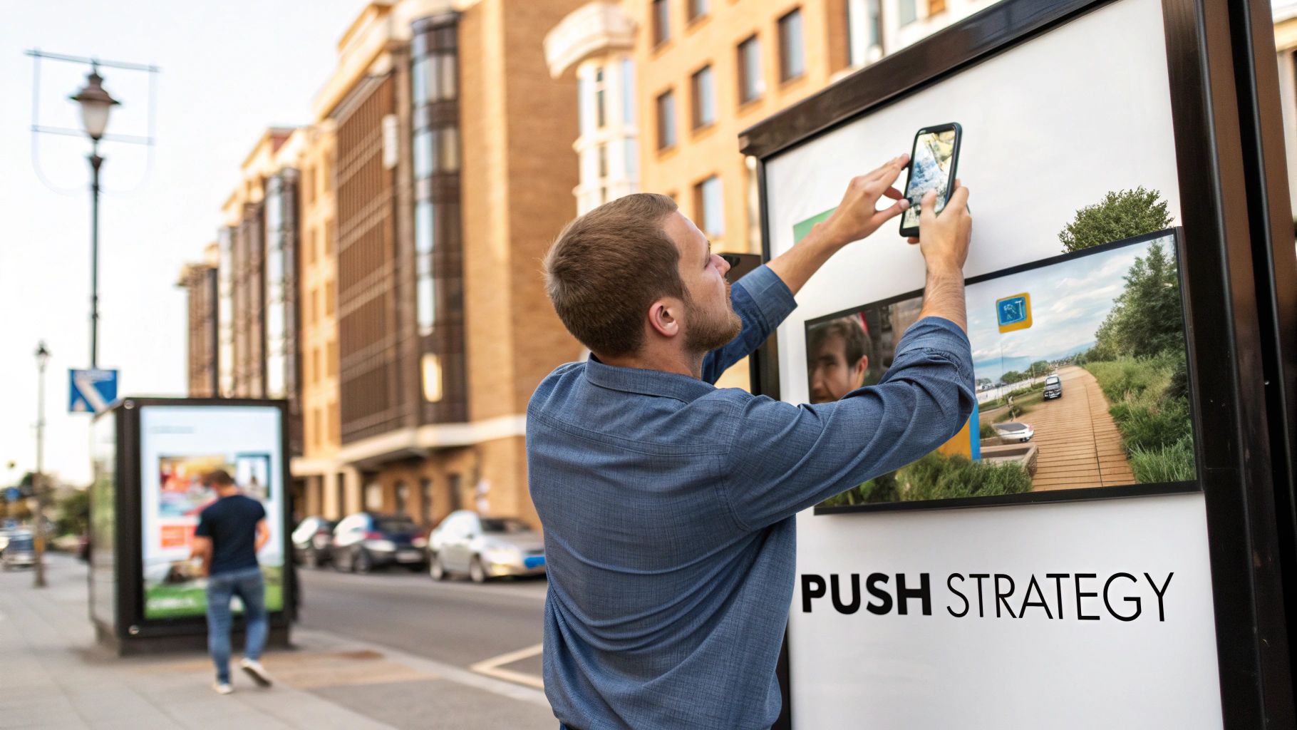 Een man houdt een smartphone voor een digitaal scherm met 'PUSH STRATEGY' op een drukke straat.