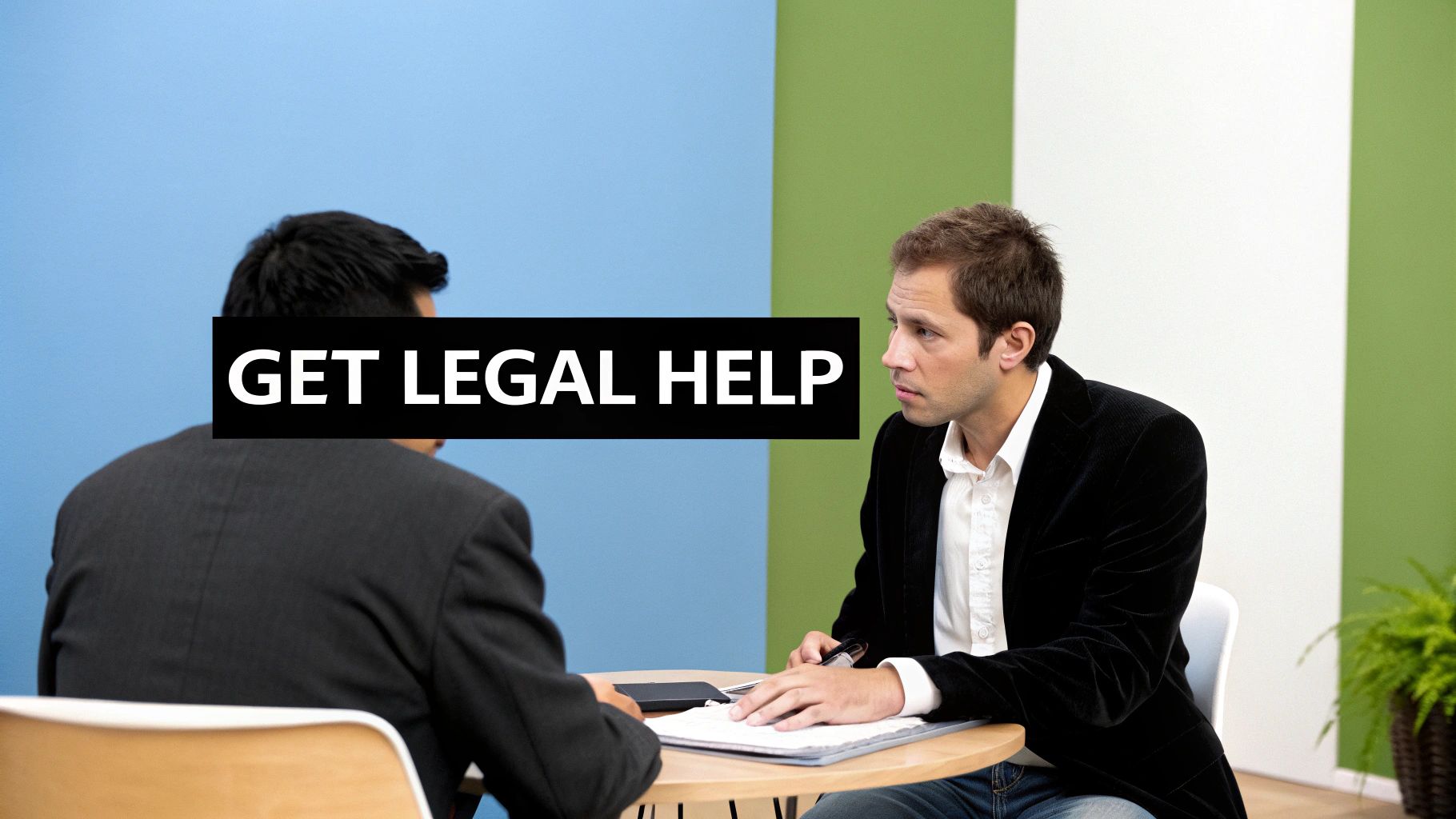A diverse adult consulting with an attorney in a professional office setting.