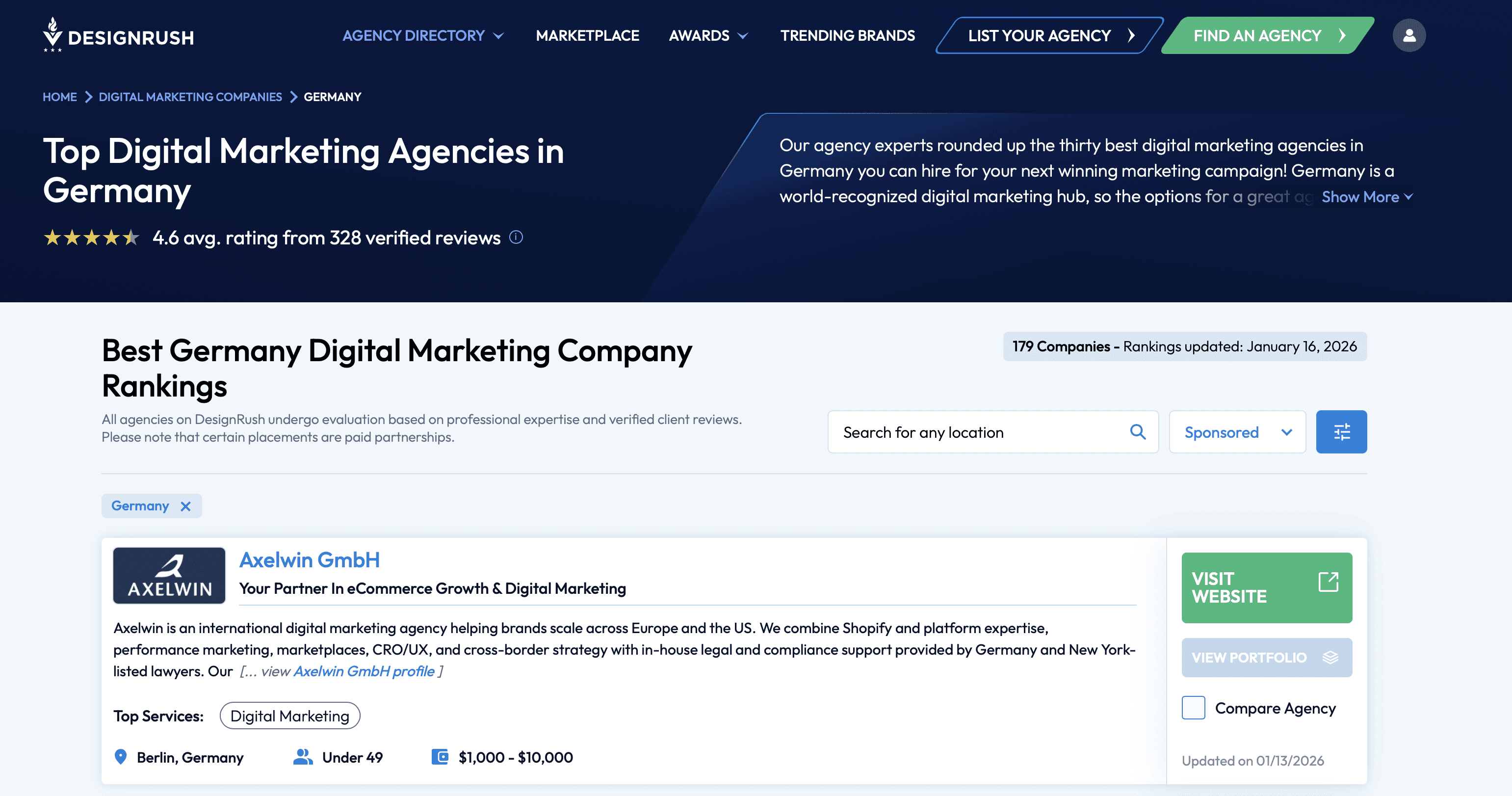 DesignRush ranking of top Digital Marketing Agencies in Germany