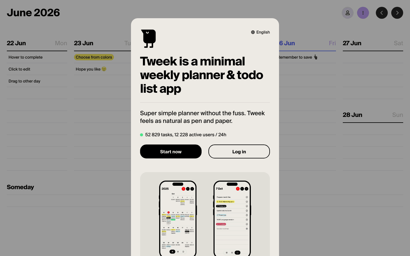 Tweek calendar app showing the minimal weekly planning interface