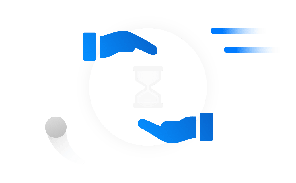 Illustration of two hands surrounding an hourglass, symbolizing time savings, efficiency, and resource protection.
