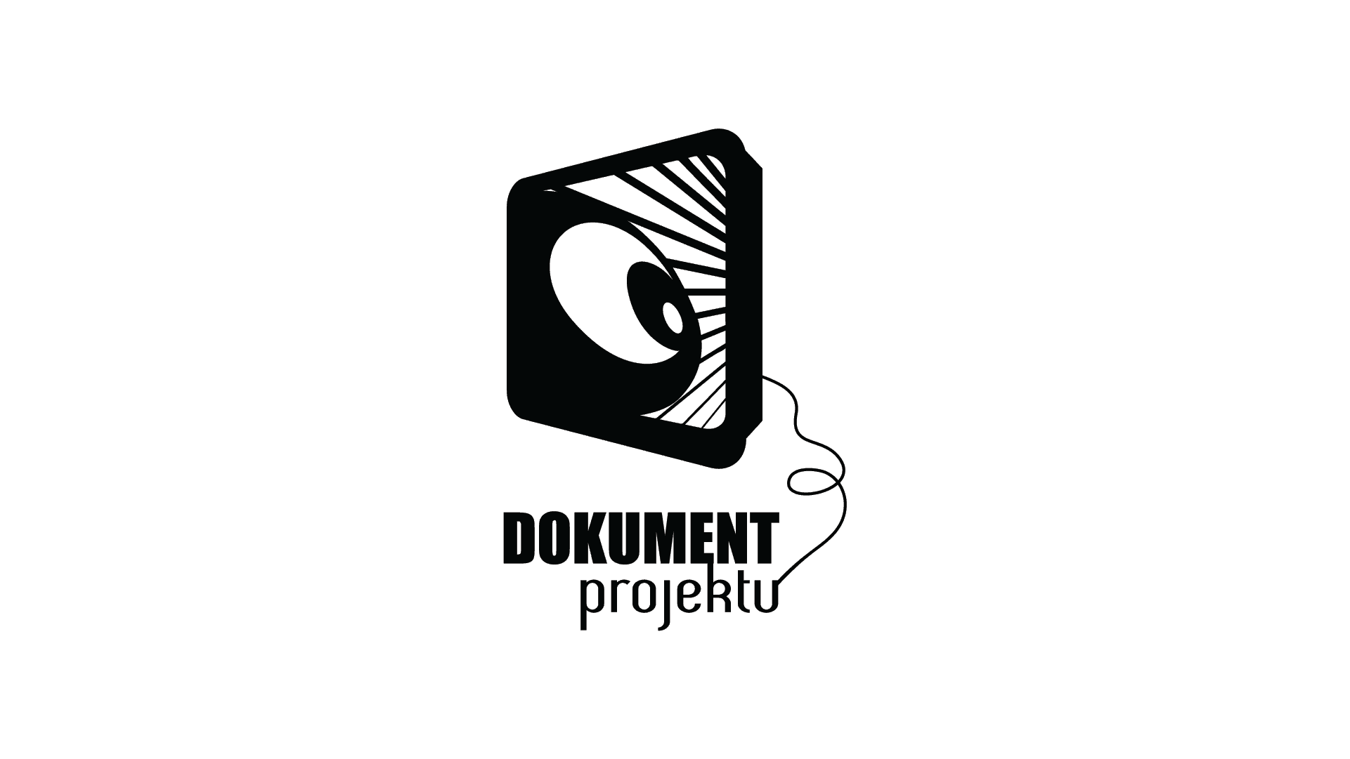 Logo Dokument Projekt. Czarny kwadrat z białym okiem i liniami. U dołu napis: Dokument projektu.