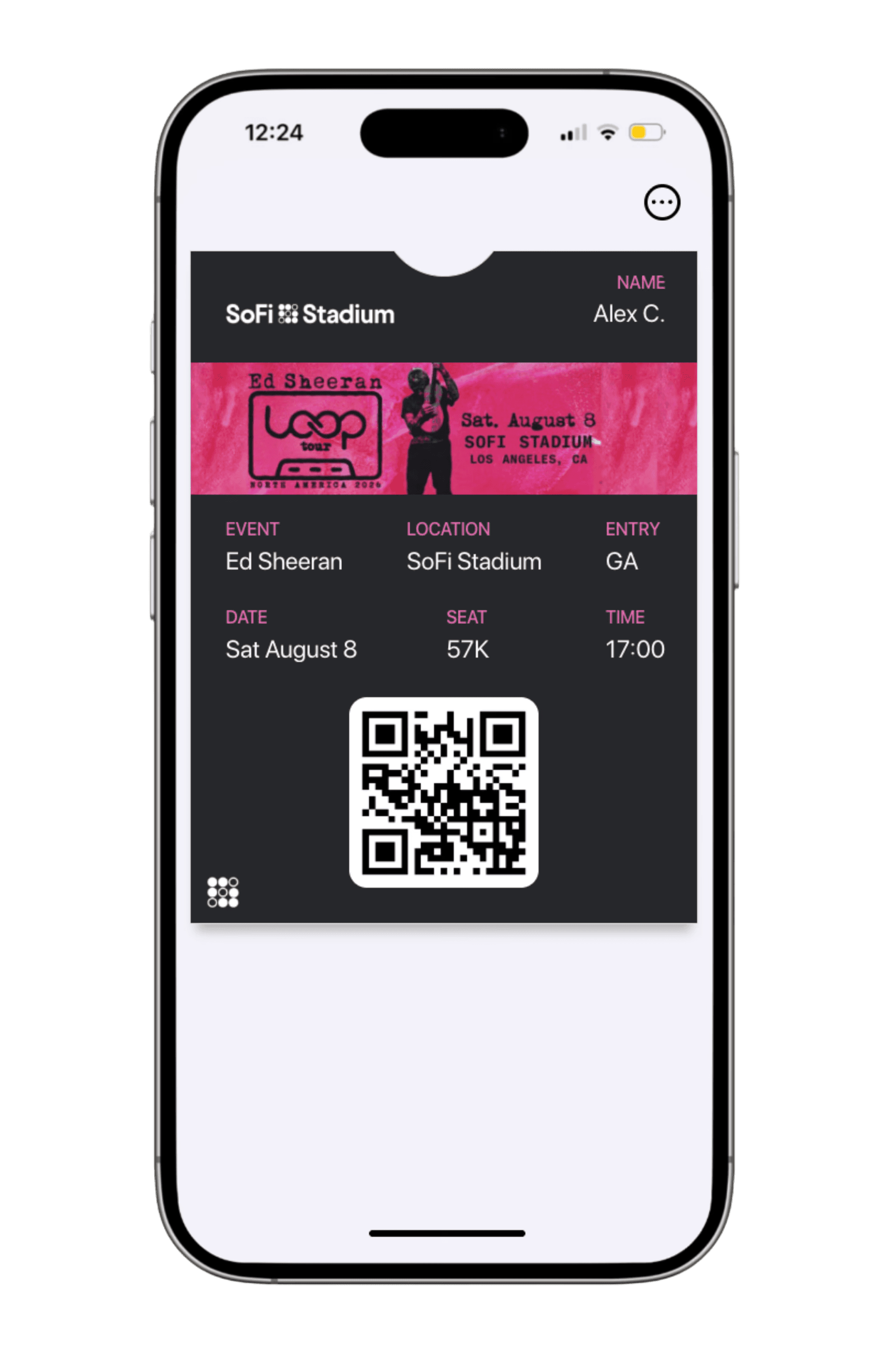 Two smartphones showing a digital concert ticket workflow: one phone displays an Ed Sheeran ‘Loop Tour’ ticket in a mobile wallet with a QR code, while the second phone shows a QR code scanning app validating the ticket.