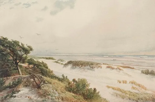 Serene coastal landscape with sand dunes, grass, and a tranquil sky.
