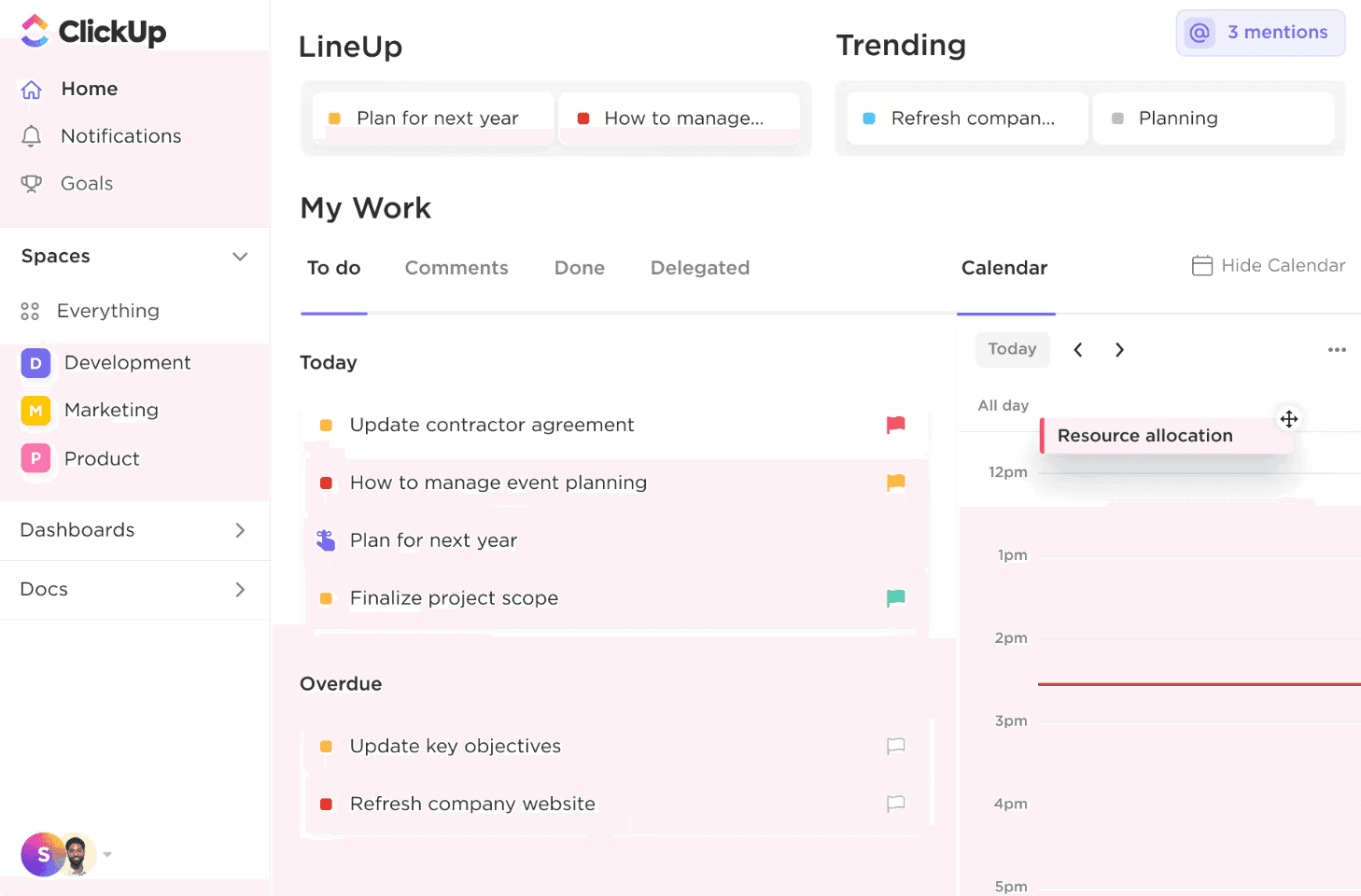 ClickUp interface showing a personal task list with to-do items, overdue tasks, and a calendar view for scheduling work