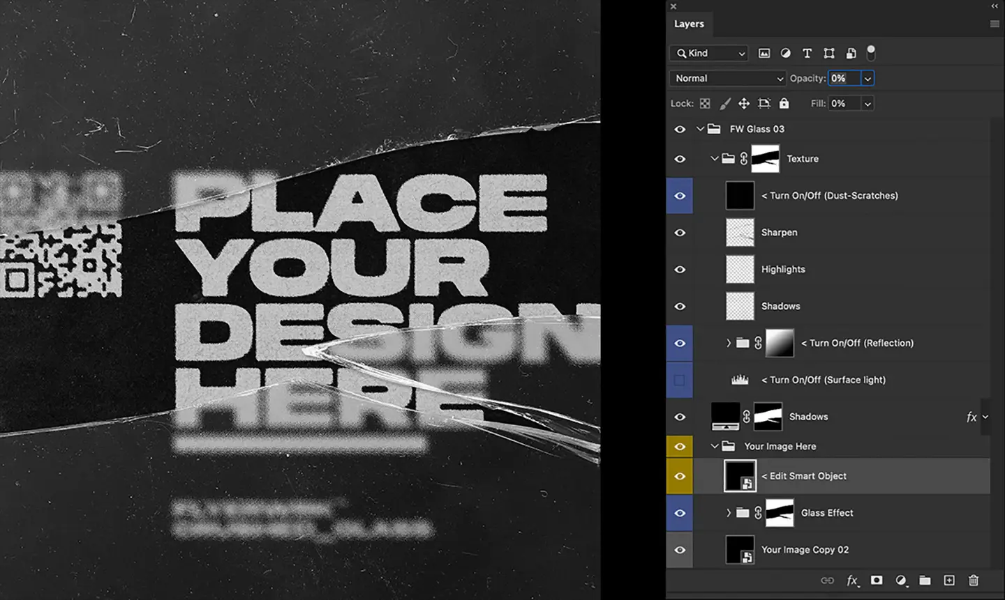 Broken glass textures pack showing layered photoshop file