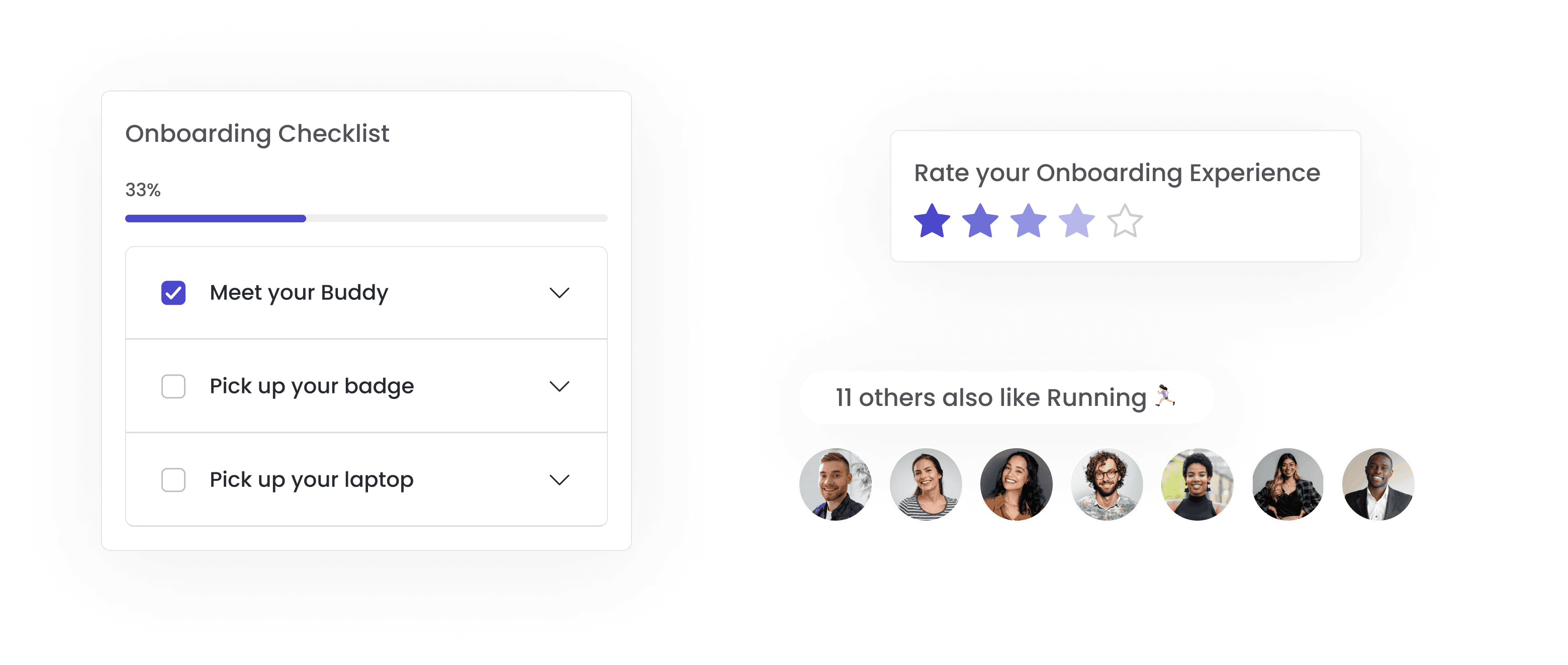 An onboarding checklist with a progress bar, a star rating system for onboarding experience feedback, and a community interest indicator showing employees who share a common hobby like running.