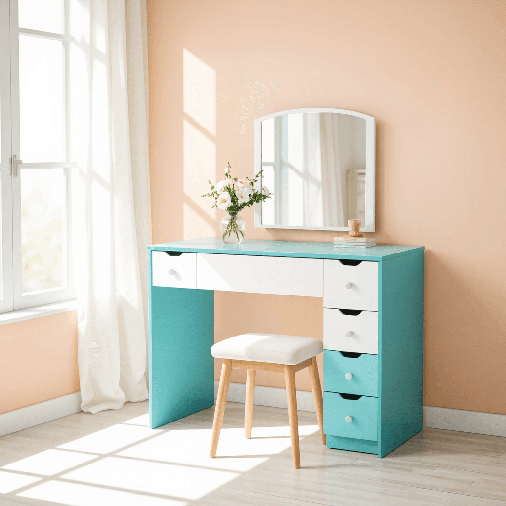 product photography of a vanity table set with a mirror and storage drawers