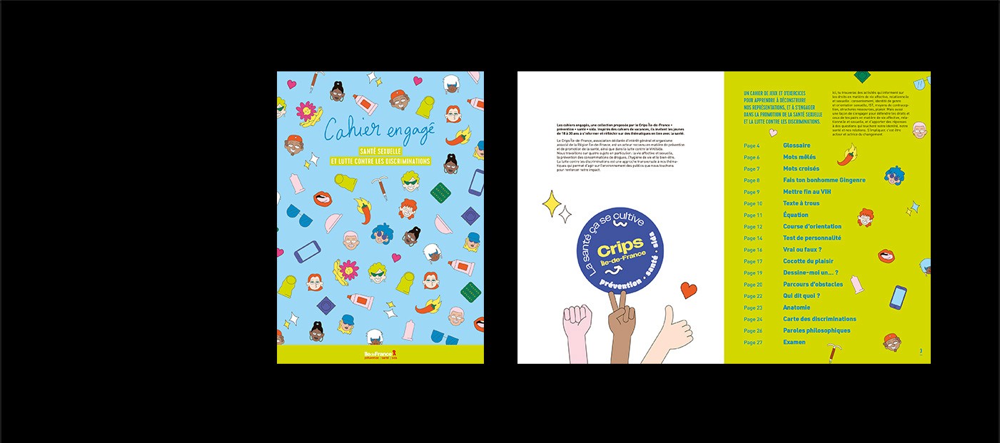 Mise en page graphic design edition Cahiers Engagés Crips Île-de-France jeux santé sexuelle et discriminations de genre