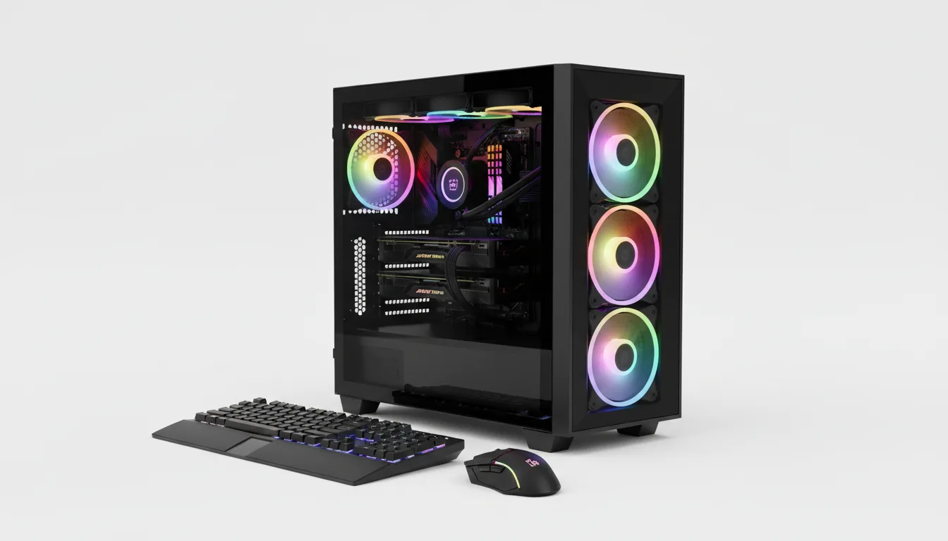 DSLR product shot of a high-performance prebuilt PC tower with a black keyboard and mouse, on a seamless white background. The black PC case features a tempered glass side panel revealing the glowing interior components. Three large vertical fans on the front and one rear fan are illuminated with vibrant, circular rainbow RGB lighting. Soft studio lighting, sharp focus across the entire image.