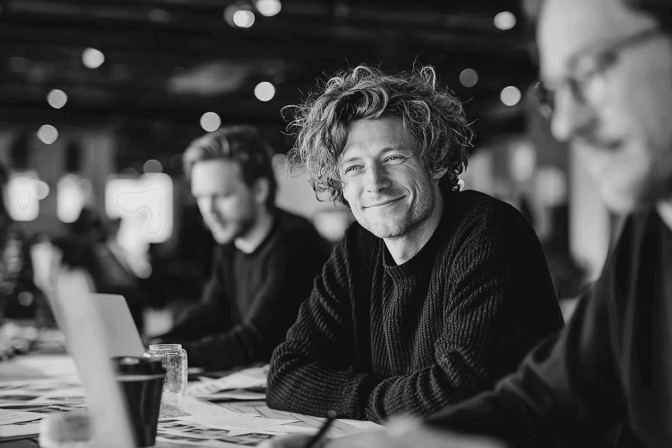 People celebrating, red stickers floating in the air