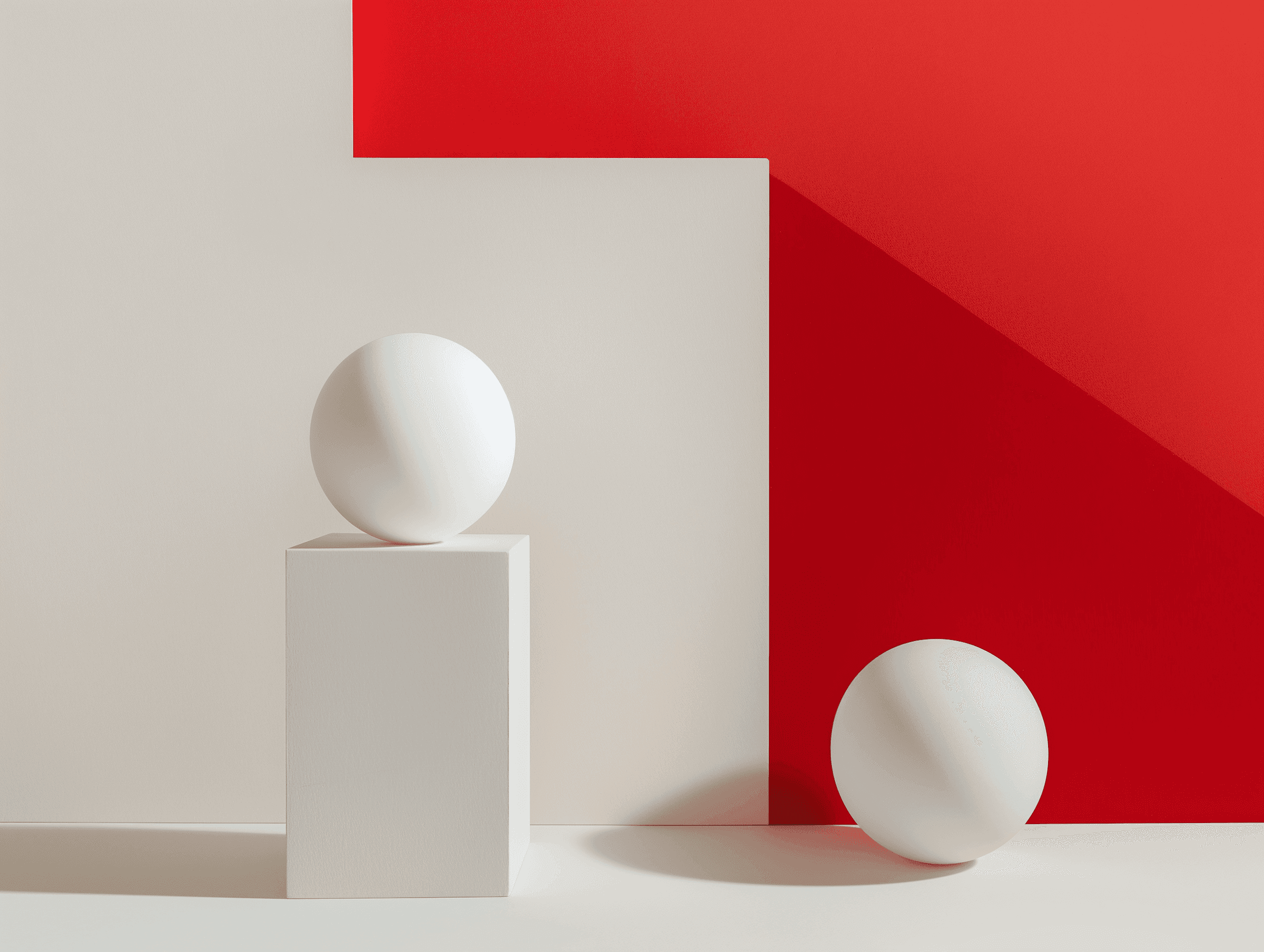 Minimal still life with white spheres on geometric red and white background